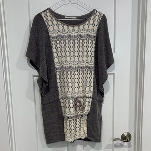 Pullover Top with Lace-Front - Gray/Cream